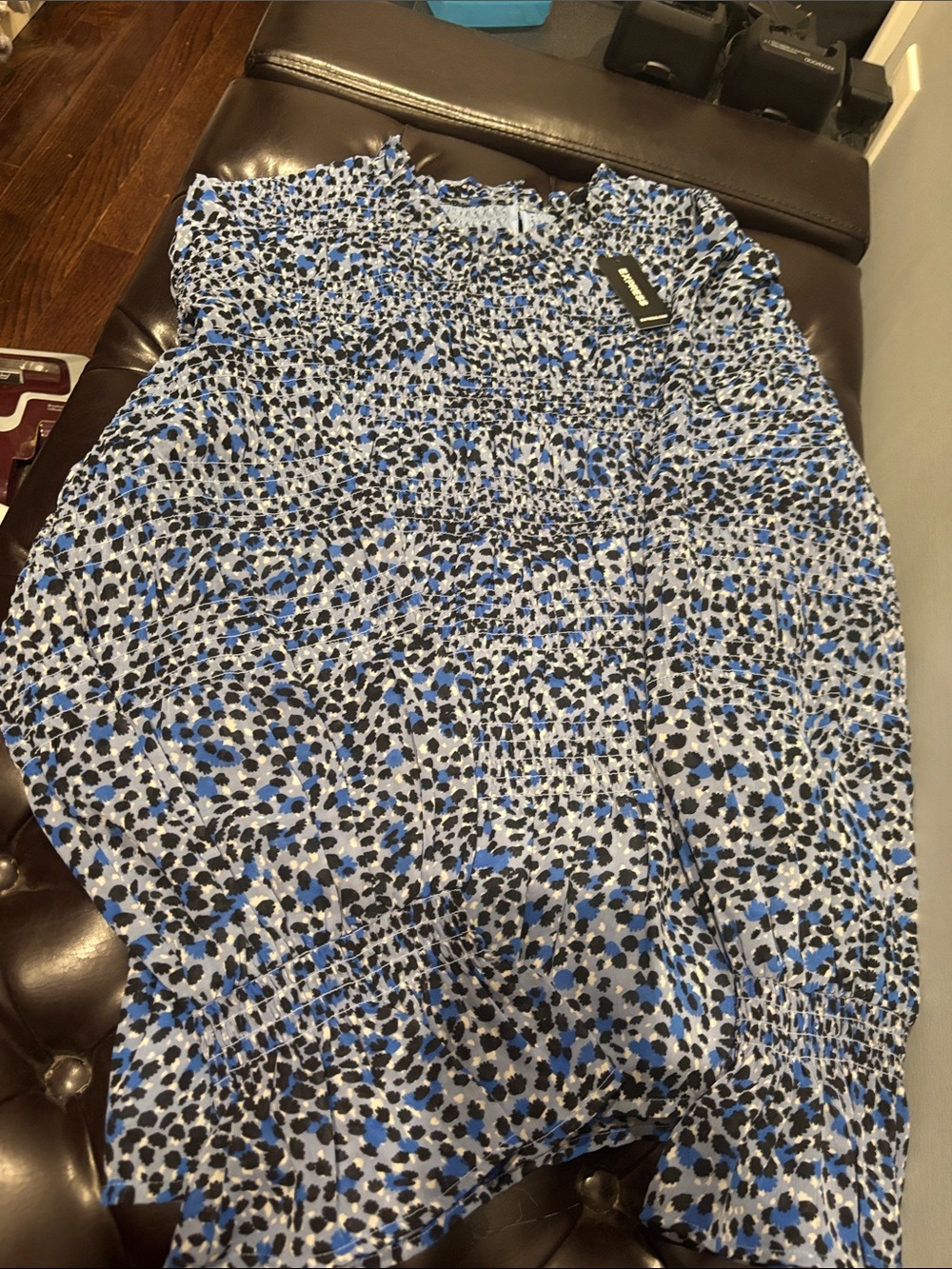 Express Blue and Black Leopard Print Smocked Blouse